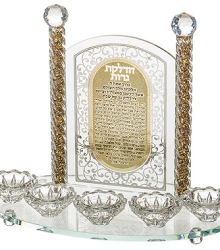 Crystal Candlesticks 5 candles with Laser Cut Metal Plaque 25 cm