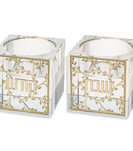 Crystal Candlesticks 5 cm with Metal Plaque- Leaves