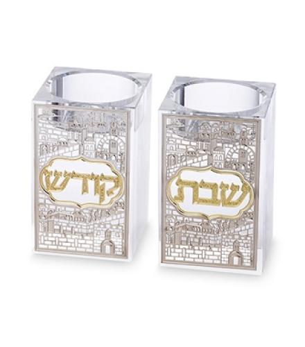 Crystal Candlesticks 7.5 cm with Metal Plaque