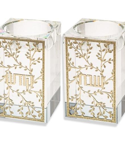 Crystal Candlesticks 7.5 cm with Metal Plaque- Leaves
