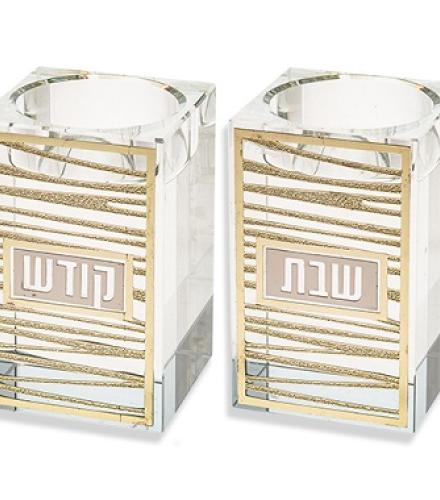Crystal Candlesticks 7.5 cm with Metal Plaque- Lines