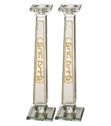 Pair of Crystal Elegant Candlesticks with Laser Cut Metal Plaque 33.5 cm