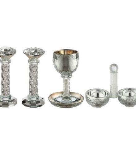 Crystal Set Of Candlesticks + Kiddush Cup + Salt & Pepper Stand with Stones