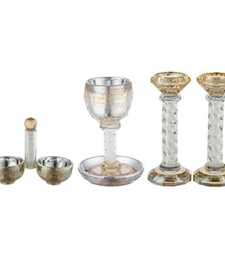 Crystal Set Of Candlesticks + Kiddush Cup + Salt & Pepper Stand with Stones
