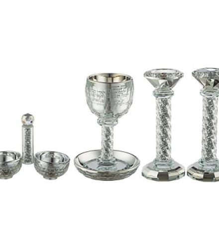 Crystal Set Of Candlesticks + Kiddush Cup + Salt & Pepper Stand with Stones