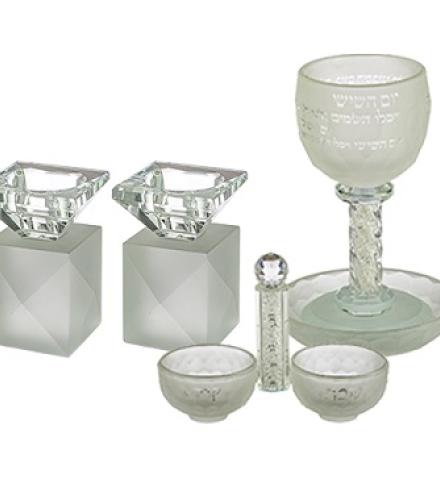 Crystal Set Of Candlesticks + Kiddush Cup + Salt & Pepper Stand with Stones