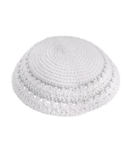 Knitted Kippah 15 cm- White with Holes and Silver Stripes