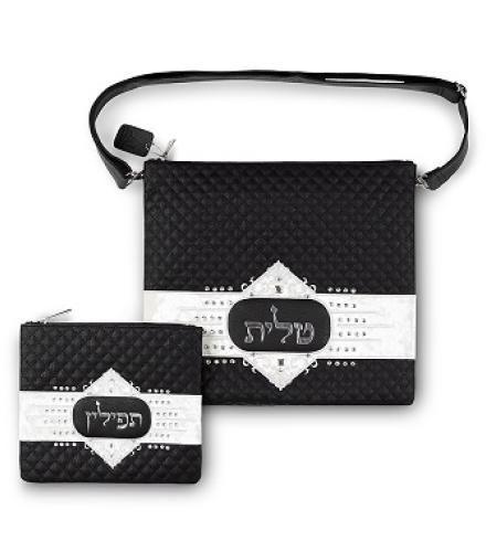 Faux Leather Tallit Tefillin Set 36x34 cm, Black with Embroidery