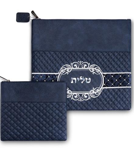 Faux Leather Tallit Tefillin Set 36x34 cm, Dark Blue with Embroidery
